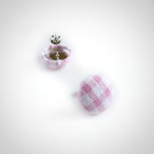Pink and White, Plaid, Gingham check, Fabric Button, Stud Earrings, Butterfly safety backs