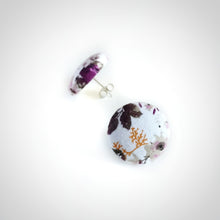 White and Purple, Floral, Fabric Button, Stud Earrings, Butterfly safety backs, Gypsophila