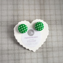 White on Green, Polka-dots, Fabric Button, Stud Earrings, Small pair