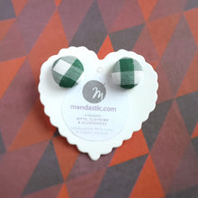 Green and White, Plaid, Gingham check, Fabric Button, Stud Earrings