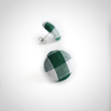 Green and White, Plaid, Gingham check, Fabric Button, Stud Earrings, Butterfly safety backs