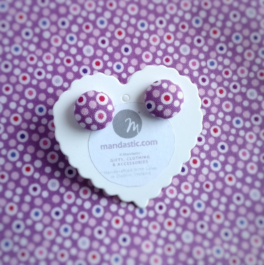 Colourful dots on Purple, Polka-dot, Fabric Button, Stud Earrings, Small pair