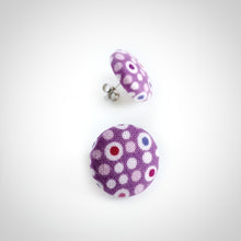 Colourful dots on Purple, Polka-dot, Fabric Button, Stud Earrings, Butterfly safety backs