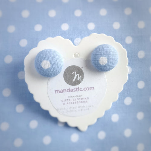 White on Blue, Polka-dots, Fabric Button, Stud Earrings, Small pair, Baby-blue
