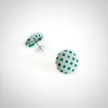 Green on White, Polka-dots, Fabric Button, Stud Earrings, Butterfly safety backs