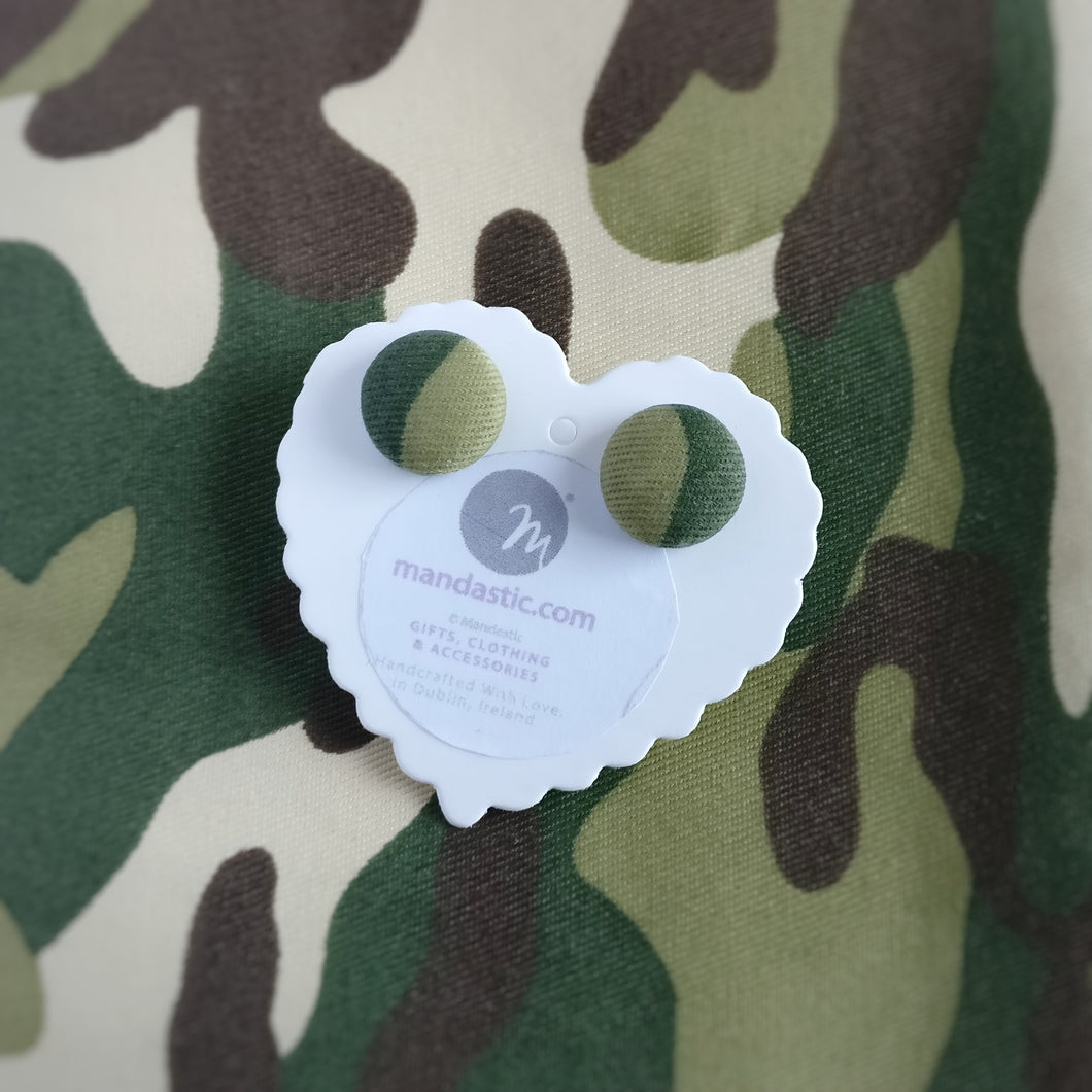 Army, Camouflage, Military, Fabric Button, Stud Earrings, Small pair