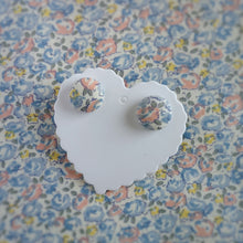 Blue,Salmon-Pink and Yellow, Floral, Fabric Button, Stud Earrings, Small pair