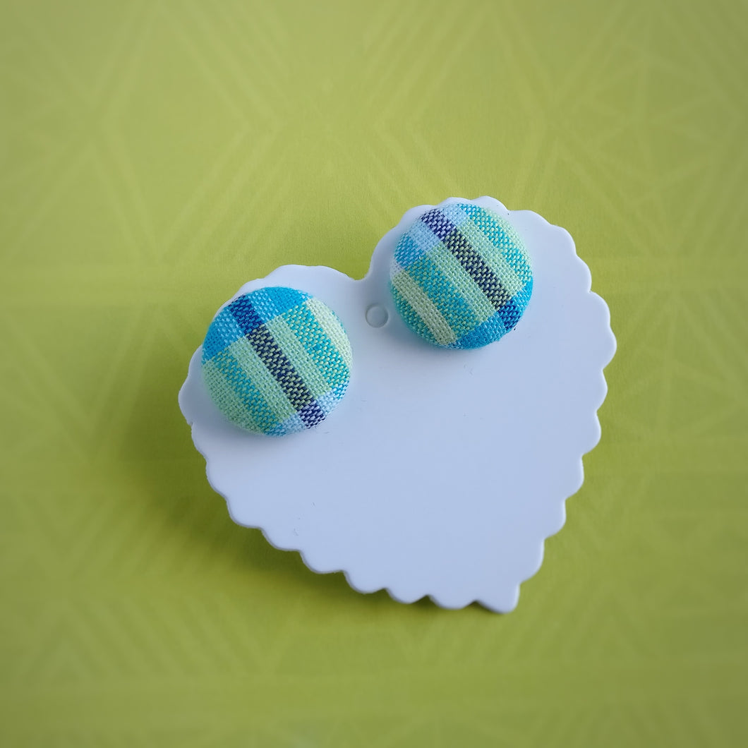 Blue and Yellow, Plaid, Gingham check, Fabric Button, Stud Earrings