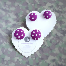 White on Purple, Polka-dots, Fabric Button, Stud Earrings, 2 pairs