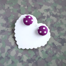 White on Purple, Polka-dots, Fabric Button, Stud Earrings, Small pair