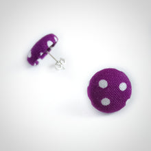 White on Purple, Polka-dots, Fabric Button, Stud Earrings, Butterfly safety backs