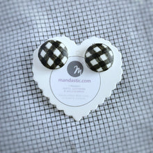 Black and White, Plaid, Gingham check, Vegan leather, Fabric Button, Stud Earrings