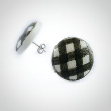 Black and White, Plaid, Gingham check, Vegan leather, Fabric Button, Stud Earrings, Butterfly safety backs