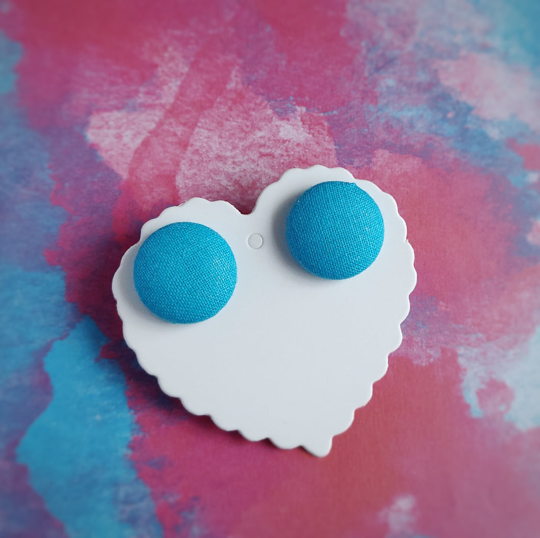 Turquoise-Blue, Cotton, Fabric Button, Stud Earrings, Large pair