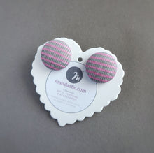 Gray and Pink, Striped, Fabric Button, Stud Earrings, Large pair