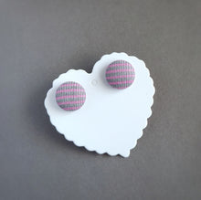 Gray and Pink, Striped, Fabric Button, Stud Earrings, Small pair