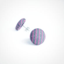 Gray and Pink, Striped, Fabric Button, Stud Earrings, Butterfly safety backs