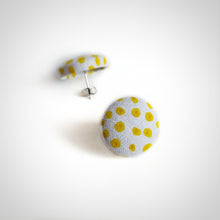 Yellow on White, Polka-dots, Fabric Button, Stud Earrings, Butterfly safety backs