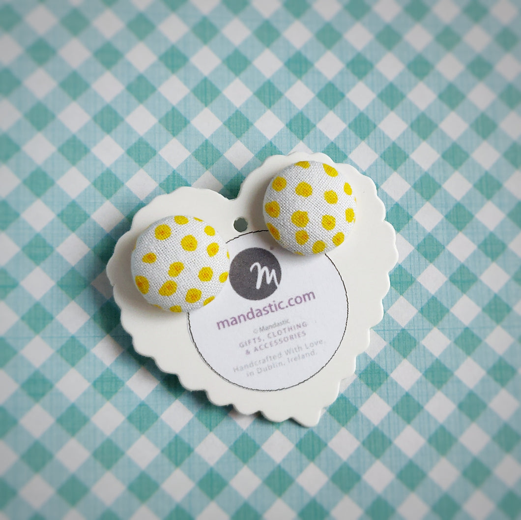 Yellow on White, Polka-dots, Fabric Button, Stud Earrings