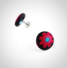 Black and Red, Floral, Fabric Button, Stud Earrings, Butterfly safety backs