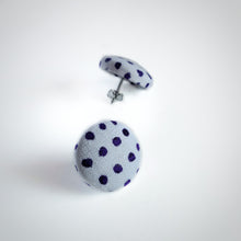 Purple on White, Polka-dots, Fabric Button, Stud Earrings, Butterfly safety backs