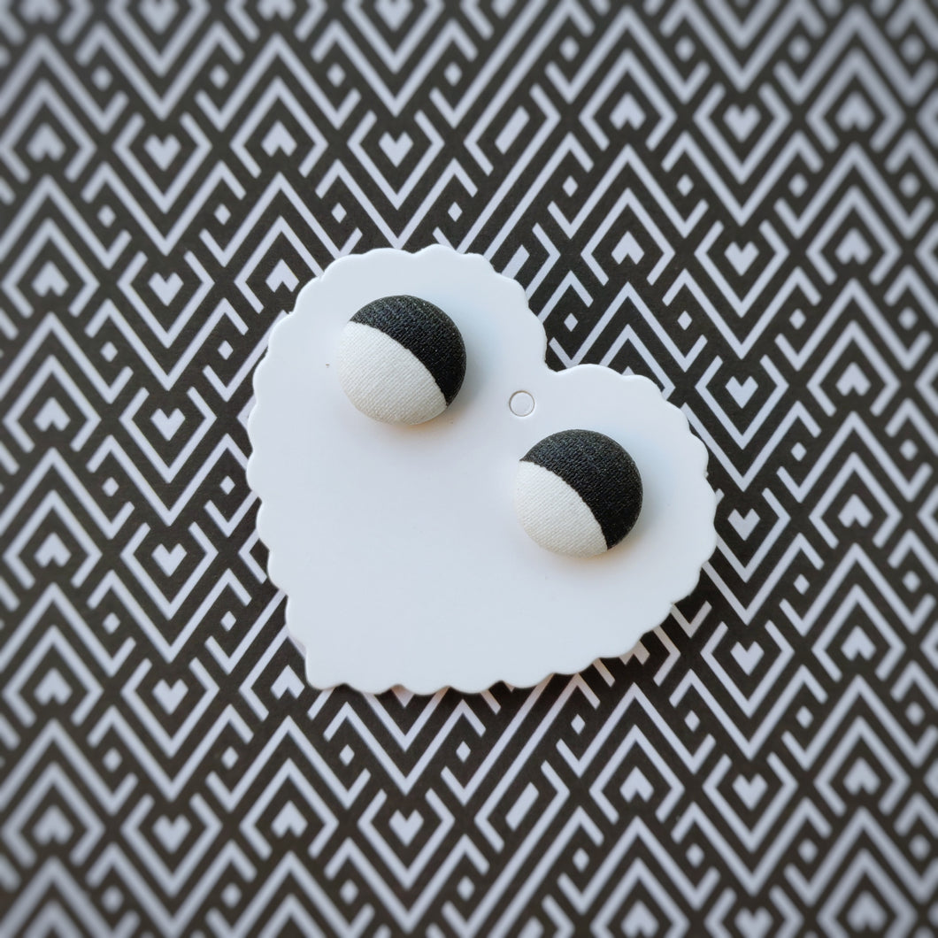 Black and White, Vegan leather, Fabric Button, Stud Earrings, Small pair