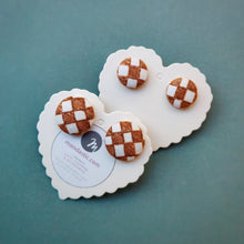 Brown and White, Plaid, Gingham check, Fabric Button, Stud Earrings, 2 pairs