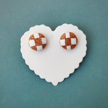 Brown and White, Plaid, Gingham check, Fabric Button, Stud Earrings, Small pair