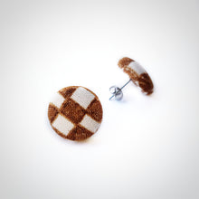 Brown and White, Plaid, Gingham check, Fabric Button, Stud Earrings, Butterfly safety backs