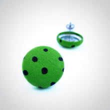Black on Green, Polka-dots, Fabric Button, Stud Earrings, Butterfly safety backs
