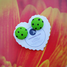 Black on Green, Polka-dots, Fabric Button, Stud Earrings, Large pair