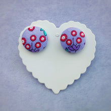 Purple and Red, Floral, Fabric Button, Stud Earrings, Large pair, Dianthus