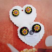 Black and Yellow, Floral, Fabric Button, Stud Earrings, 2 pairs