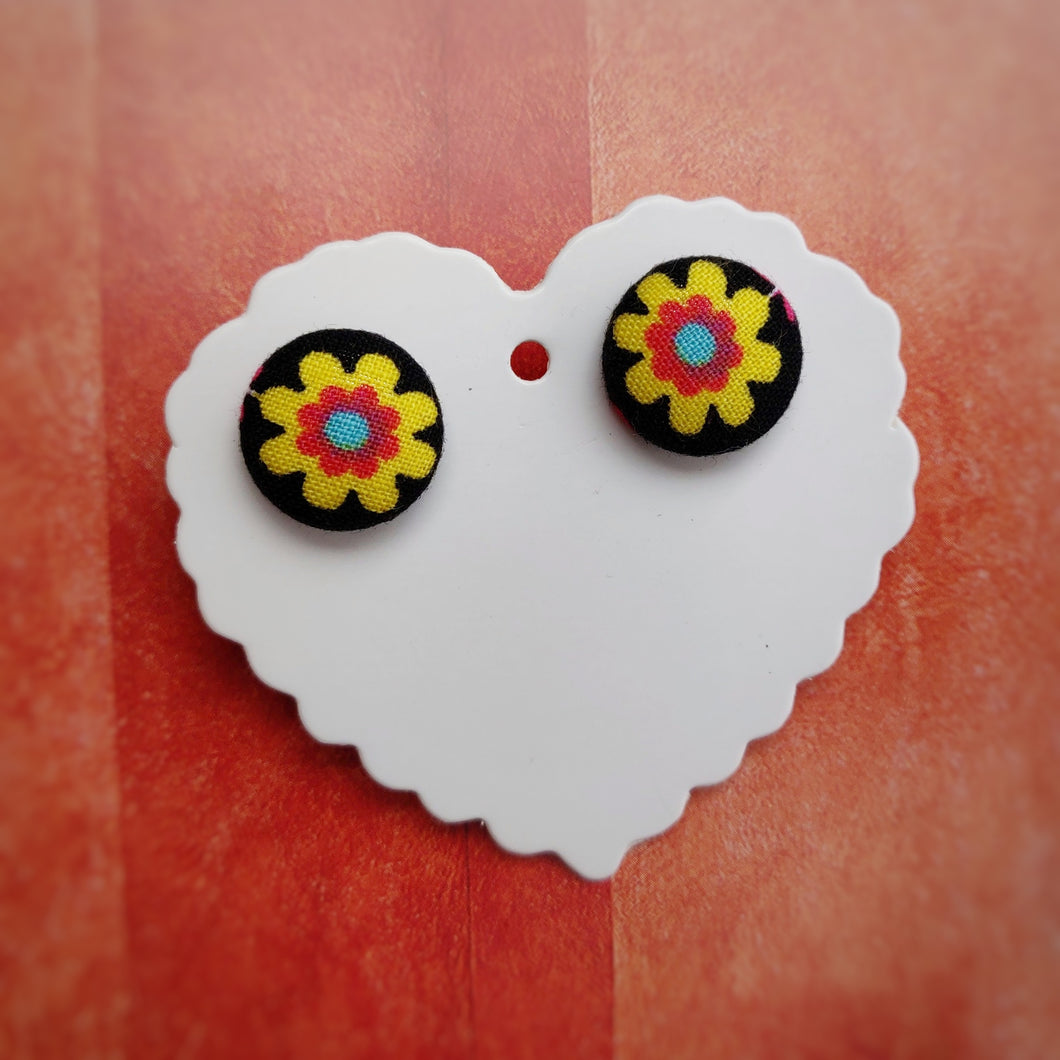 Black and Yellow, Floral, Fabric Button, Stud Earrings, Small pair