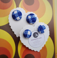 Blue and White, Plaid, Gingham check, Fabric Button, Stud Earrings, 2 pairs