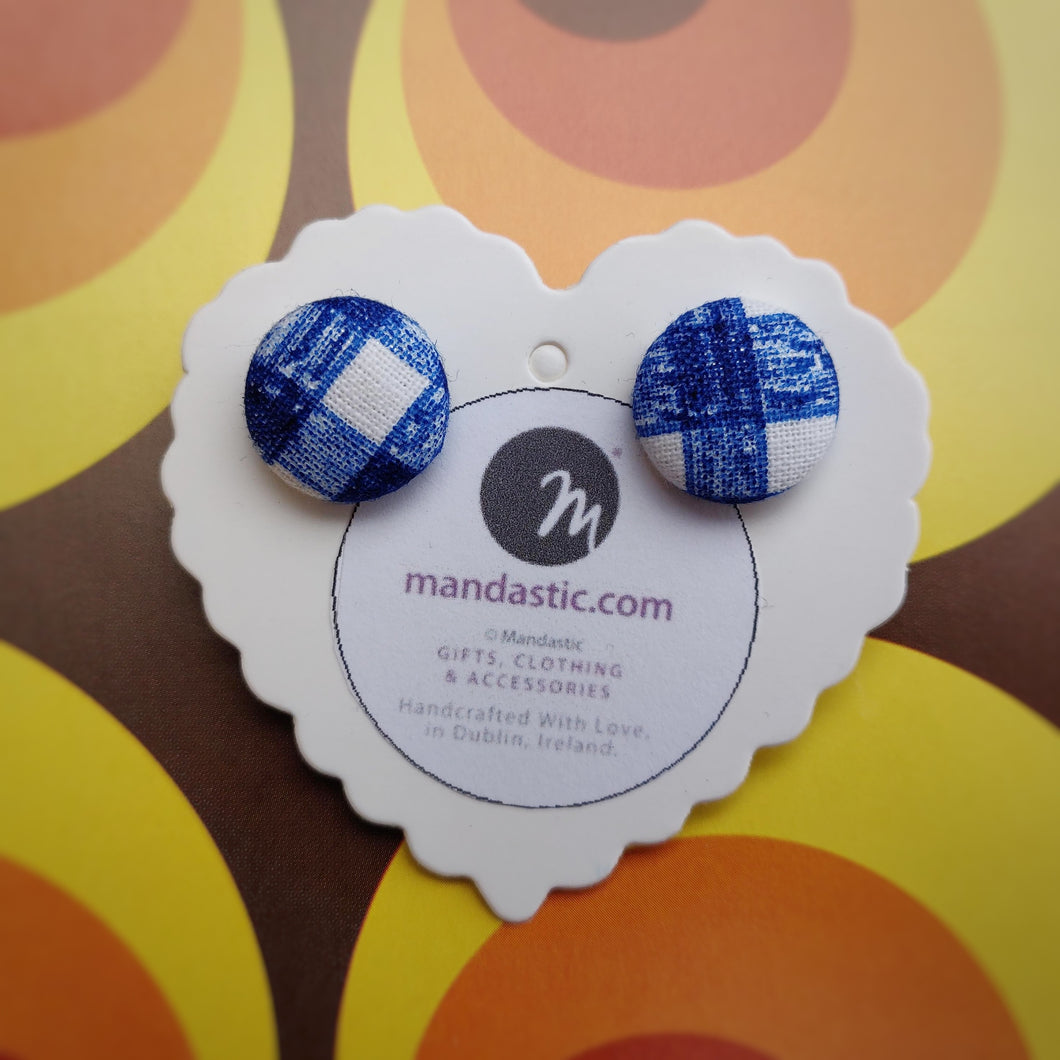 Blue and White, Plaid, Gingham check, Fabric Button, Stud Earrings, Small pair