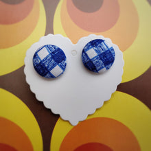 Blue and White, Plaid, Gingham check, Fabric Button, Stud Earrings, Large pair