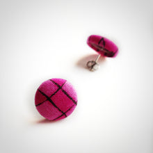 Pink and Black, Plaid, Gingham check, Fabric Button, Stud Earrings, Butterfly safety backs