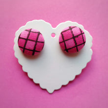 Pink and Black, Plaid, Gingham check, Fabric Button, Stud Earrings, Large pair