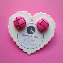 Pink and Black, Plaid, Gingham check, Fabric Button, Stud Earrings, Small pair