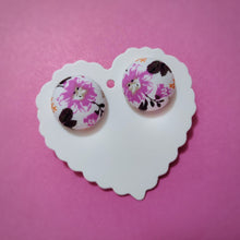 White and Purple, Floral, Fabric Button, Stud Earrings, Large pair, Purple Hibiscus