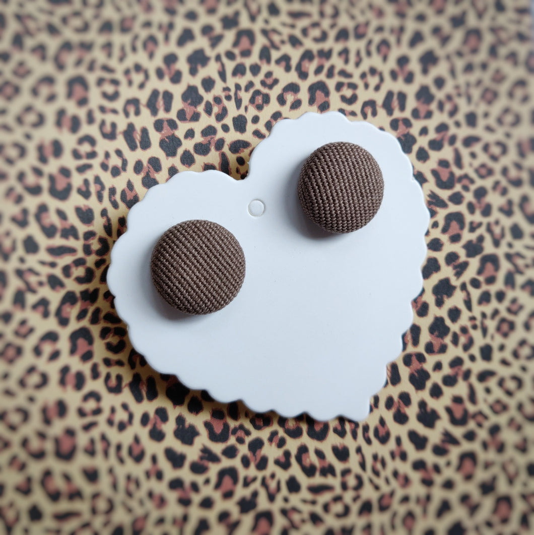 Brown, Textured, Fabric Button, Stud Earrings, Small pair