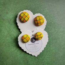 Yellow, Orange and Green, Plaid, Gingham check, Fabric Button, Stud Earrings, 2 pairs