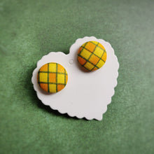 Yellow, Orange and Green, Plaid, Gingham check, Fabric Button, Stud Earrings, Large pair