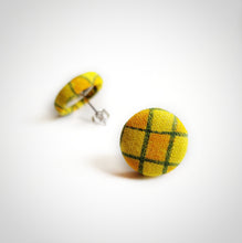 Yellow, Orange and Green, Plaid, Gingham check, Fabric Button, Stud Earrings, Butterfly safety backs