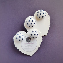 Blue on White, Stars, Fabric Button, Stud Earrings, 2 pairs
