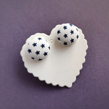 Blue on White, Stars, Fabric Button, Stud Earrings, Large pair