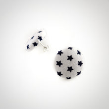 Blue on White, Stars, Fabric Button, Stud Earrings, Butterfly safety backs