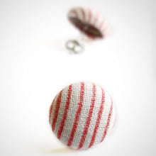 Red and White, Stripes, Fabric Button, Stud Earrings, Butterfly safety backs