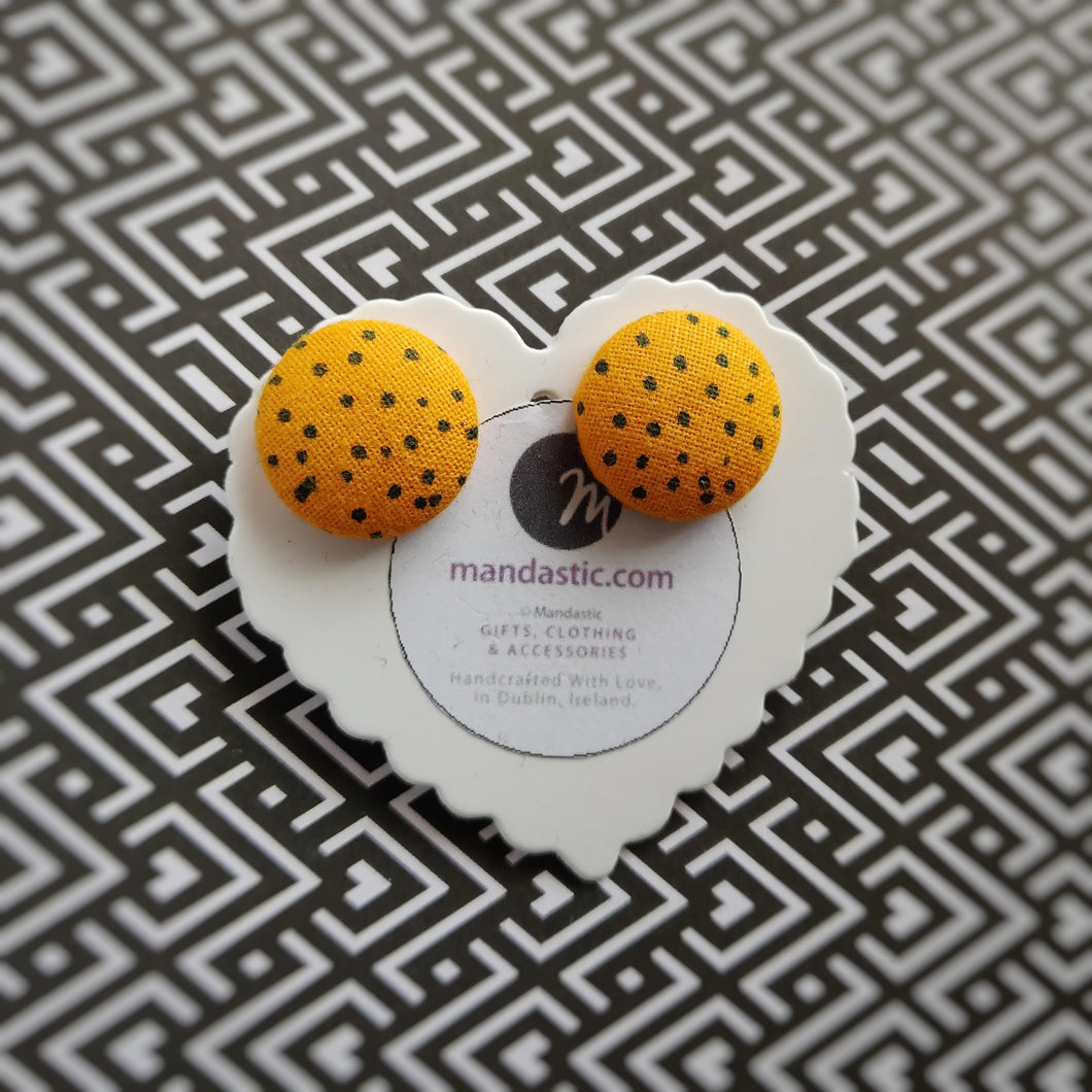 Black on Orange, Polka-dots, Fabric Button, Stud Earrings, Large pair